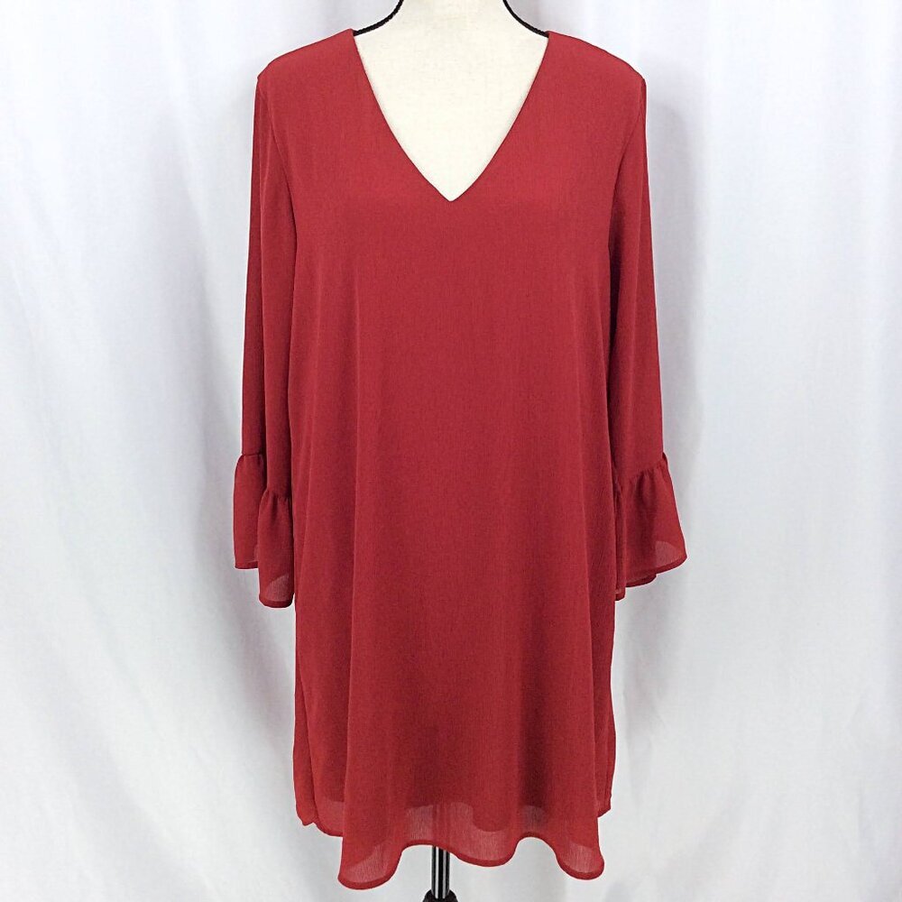Maurices Dress‎ Womens Size Large Red Ruffle Long Sleeve V-Neck Shift Chiffon